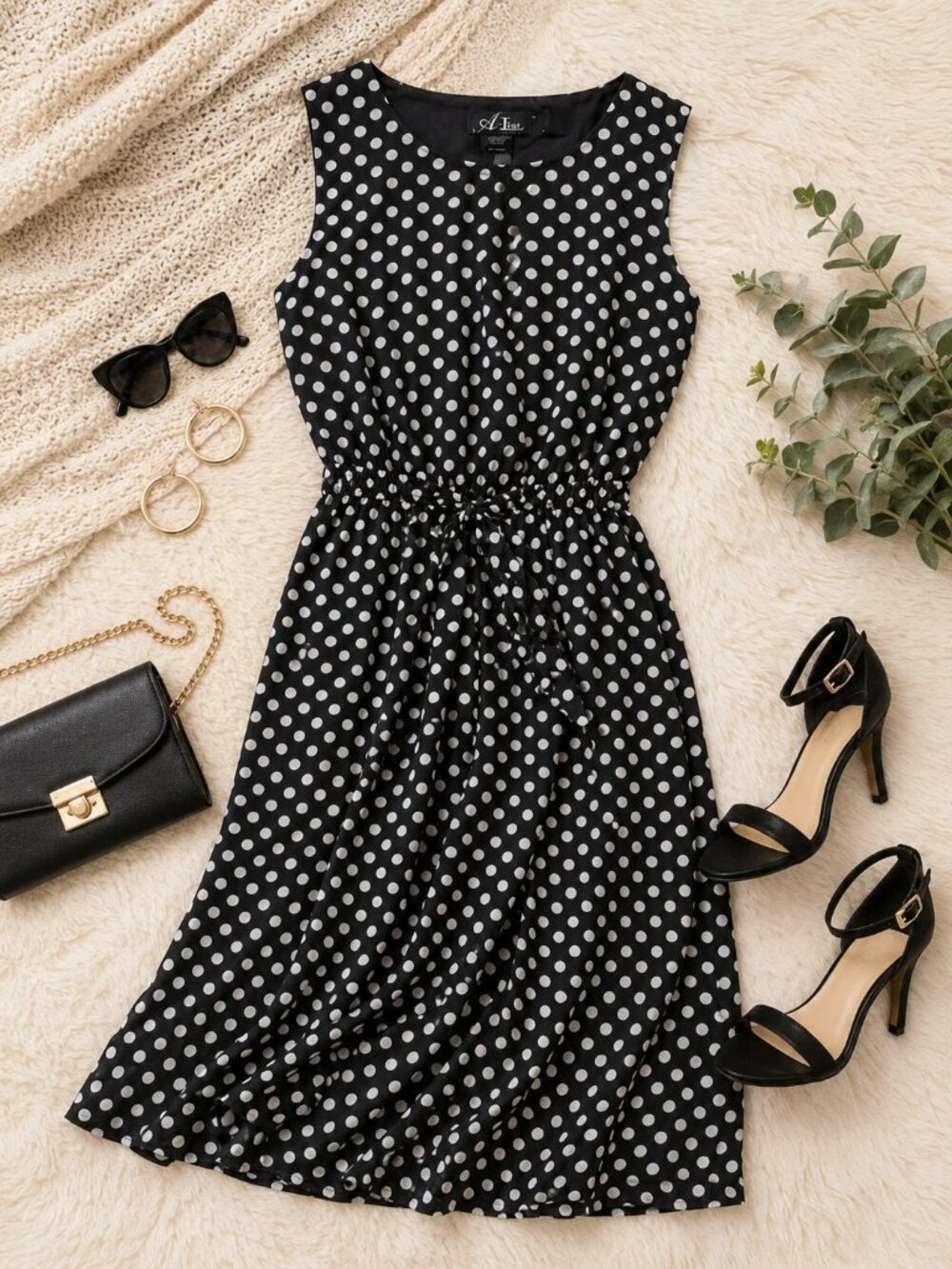 Classic Navy & White Polka Dot Sleeveless Fit-and-Flare Dress | Sz M